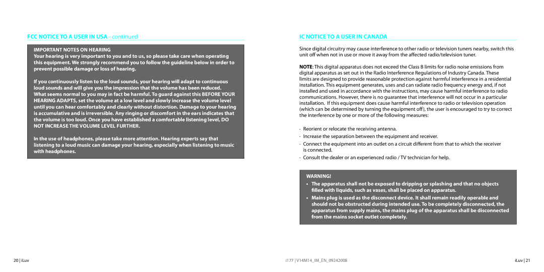 Iluv I177 instruction manual FCC Notice to a User in USA, IC Notice to a User in Canada 