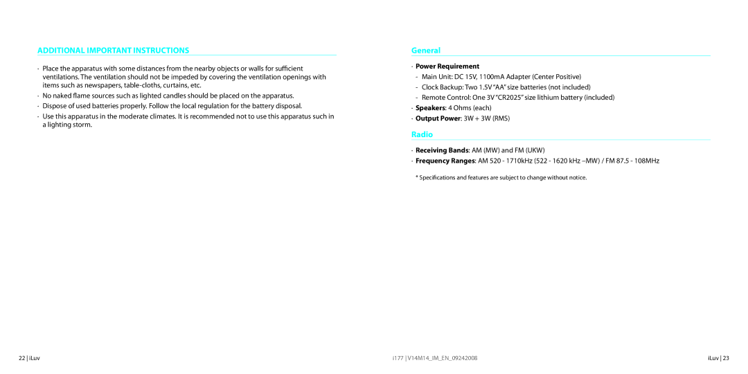 Iluv I177 instruction manual Specifications, Additional Important Instructions, General, Radio, · Power Requirement 