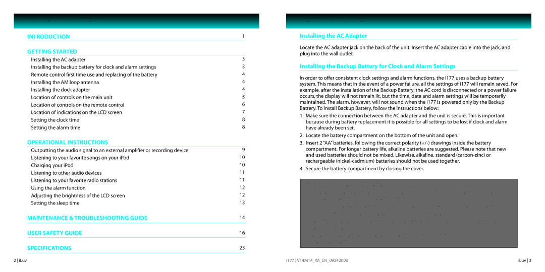 Iluv I177 instruction manual Table of Contents, Getting Started 