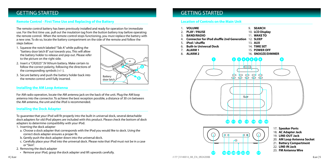 Iluv I177 Remote Control First Time Use and Replacing of the Battery, Location of Controls on the Main Unit 