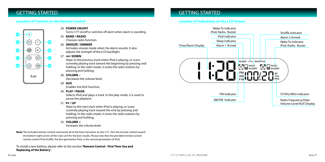 Iluv I177 instruction manual Power ON/OFF, Band / Radio, Snooze / Dimmer, Down 