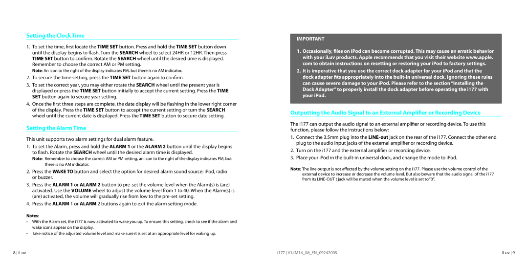 Iluv I177 instruction manual Operational Instructions, Setting the Clock Time, Setting the Alarm Time 