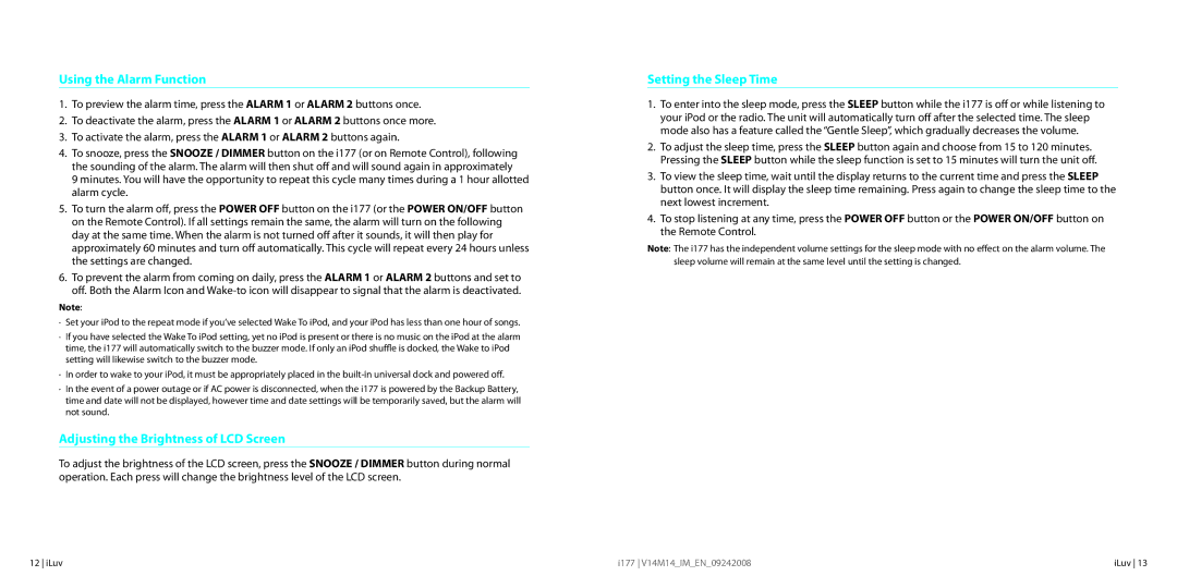 Iluv I177 instruction manual Using the Alarm Function, Adjusting the Brightness of LCD Screen, Setting the Sleep Time 