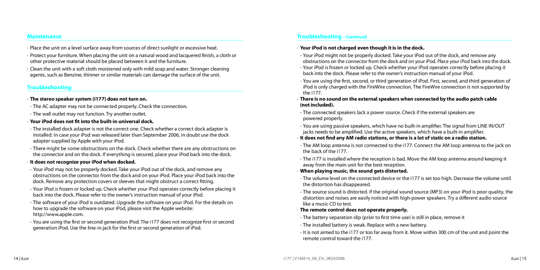 Iluv I177 instruction manual Maintenance & Troubleshooting Guide 