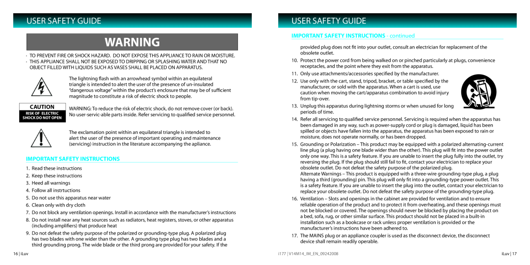 Iluv I177 instruction manual User Safety Guide, IMPORTANT SAFETY INSTRUCTIONS - continued, Important Safety Instructions 