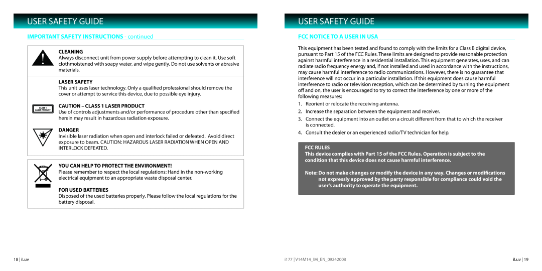 Iluv I177 Fcc Notice To A User In Usa, User Safety Guide, IMPORTANT SAFETY INSTRUCTIONS - continued, Fcc Rules 