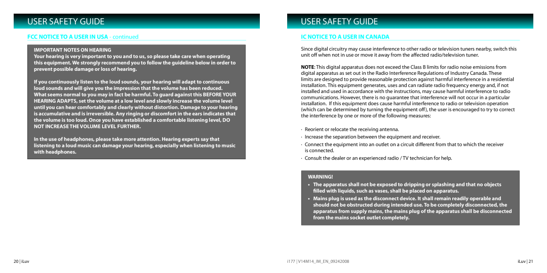 Iluv I177 instruction manual FCC NOTICE TO A USER IN USA - continued, Ic Notice To A User In Canada, User Safety Guide 