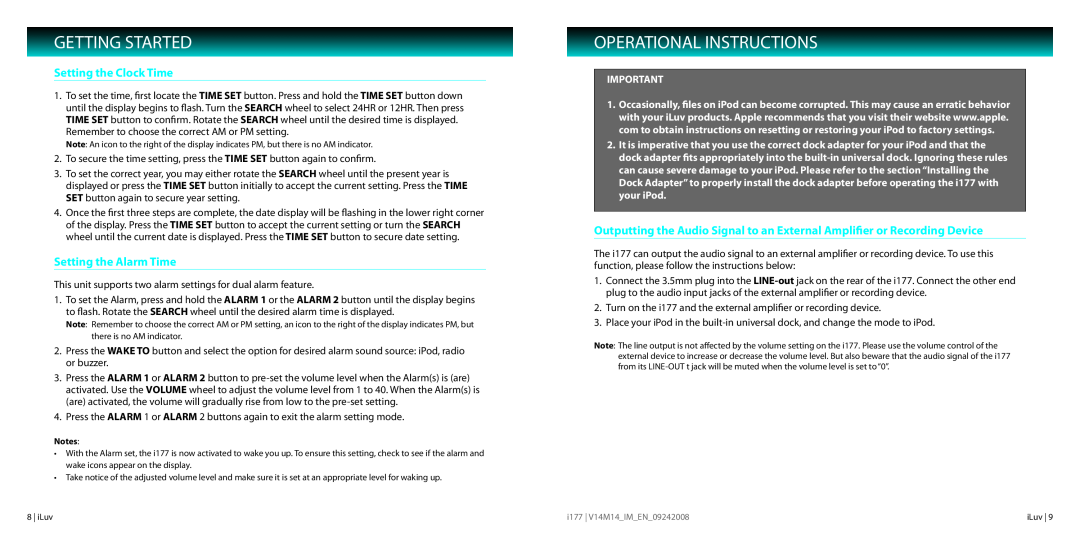 Iluv I177 instruction manual Operational Instructions, Setting the Clock Time, Setting the Alarm Time, Getting Started 