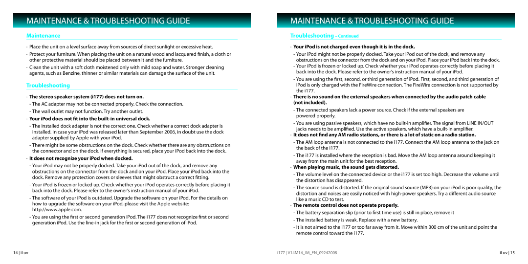 Iluv I177 instruction manual Maintenance & Troubleshooting Guide, Troubleshooting - Continued 