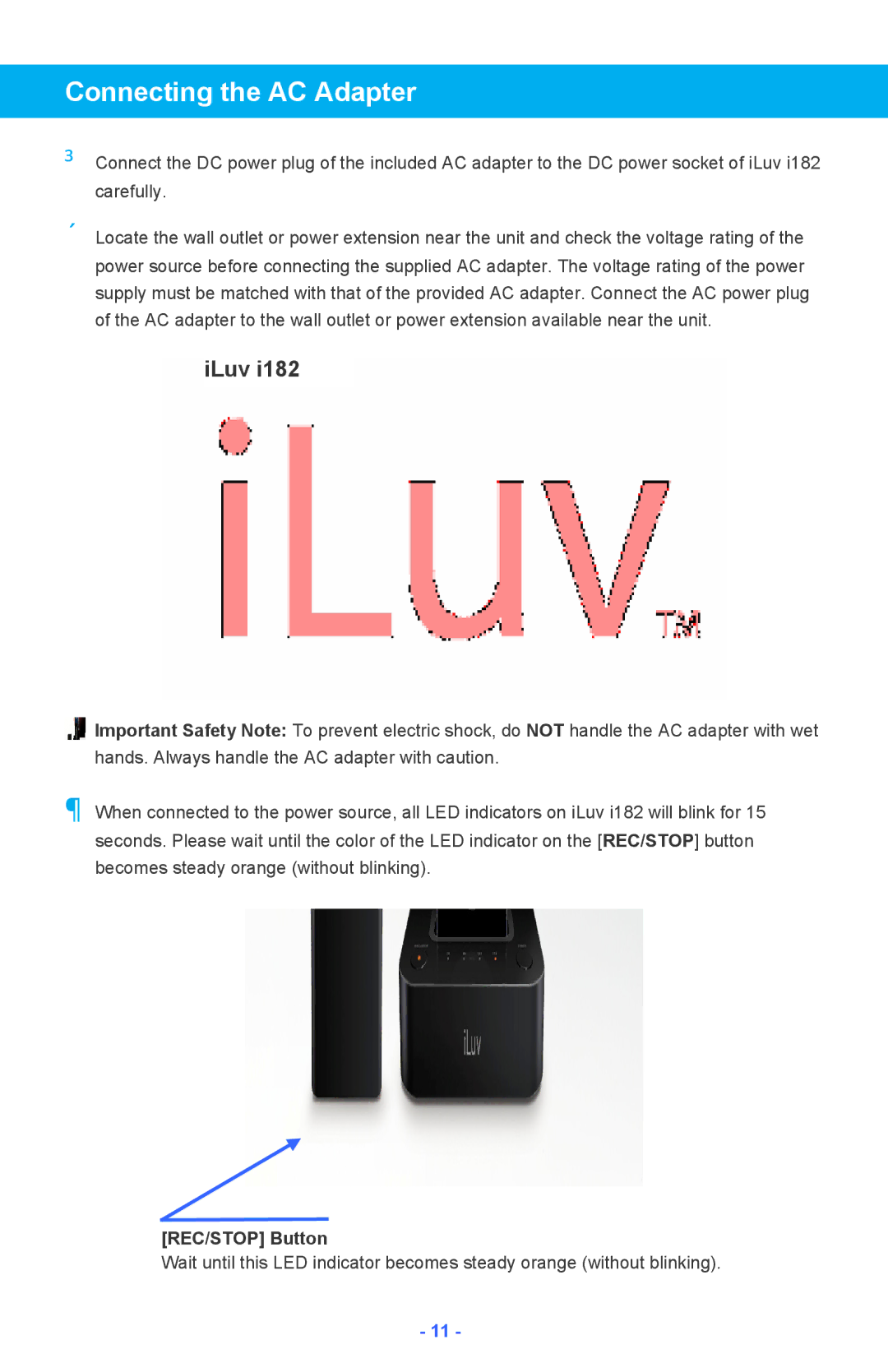 Iluv i182 instruction manual Connecting the AC Adapter, ILuv, REC/STOP Button 