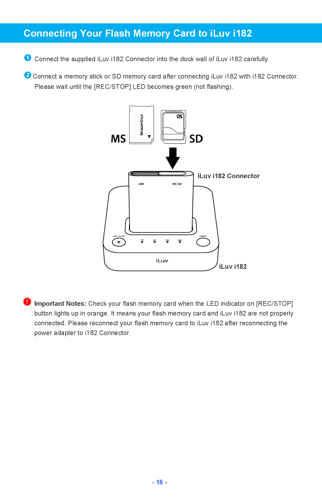 Iluv instruction manual Connecting Your Flash Memory Card to iLuv, ILuv i182 Connector 