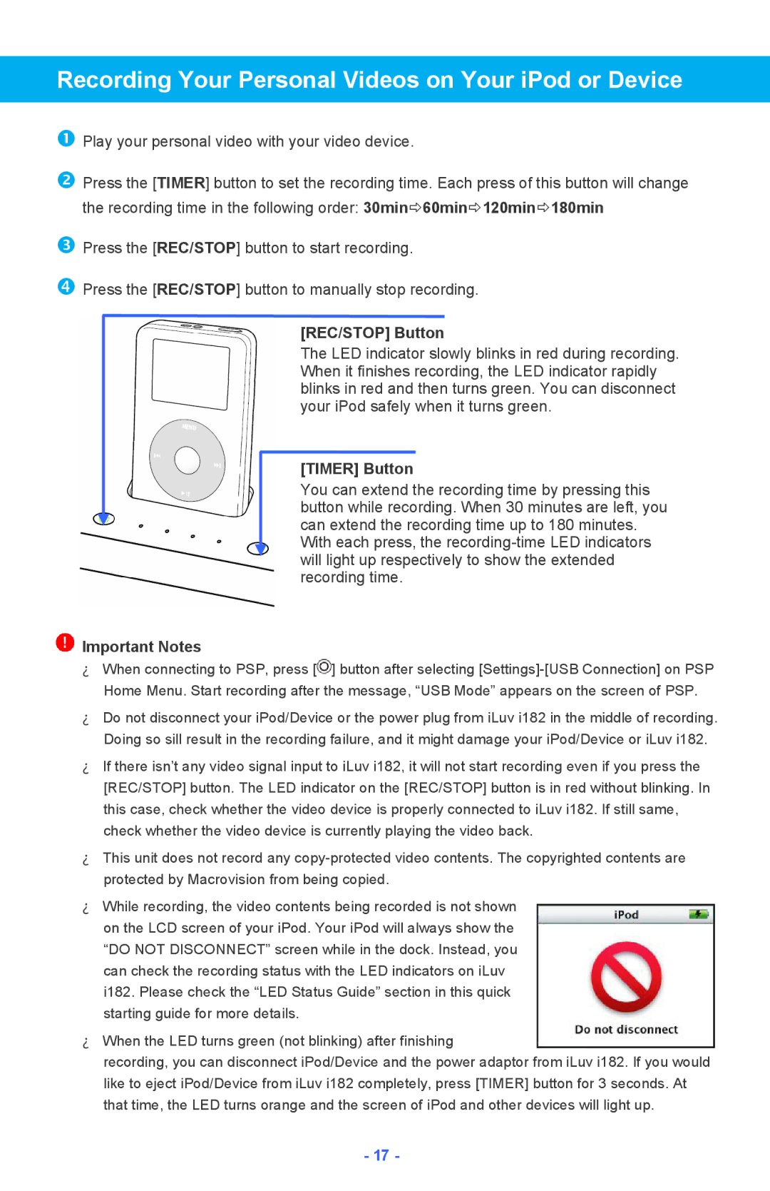 Iluv i182 instruction manual Recording Your Personal Videos on Your iPod or Device, REC/STOP Button 