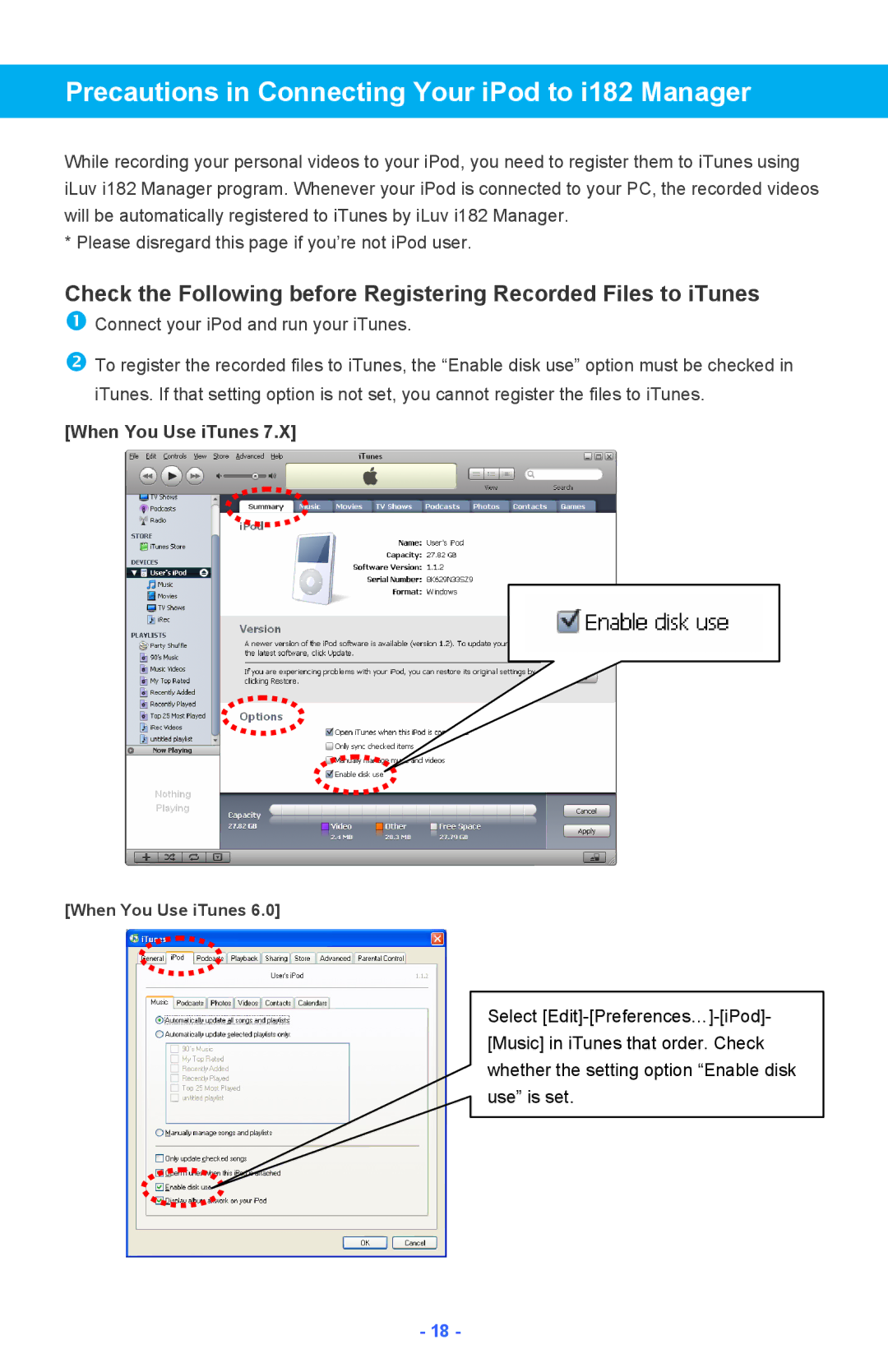 Iluv instruction manual Precautions in Connecting Your iPod to i182 Manager, When You Use iTunes 