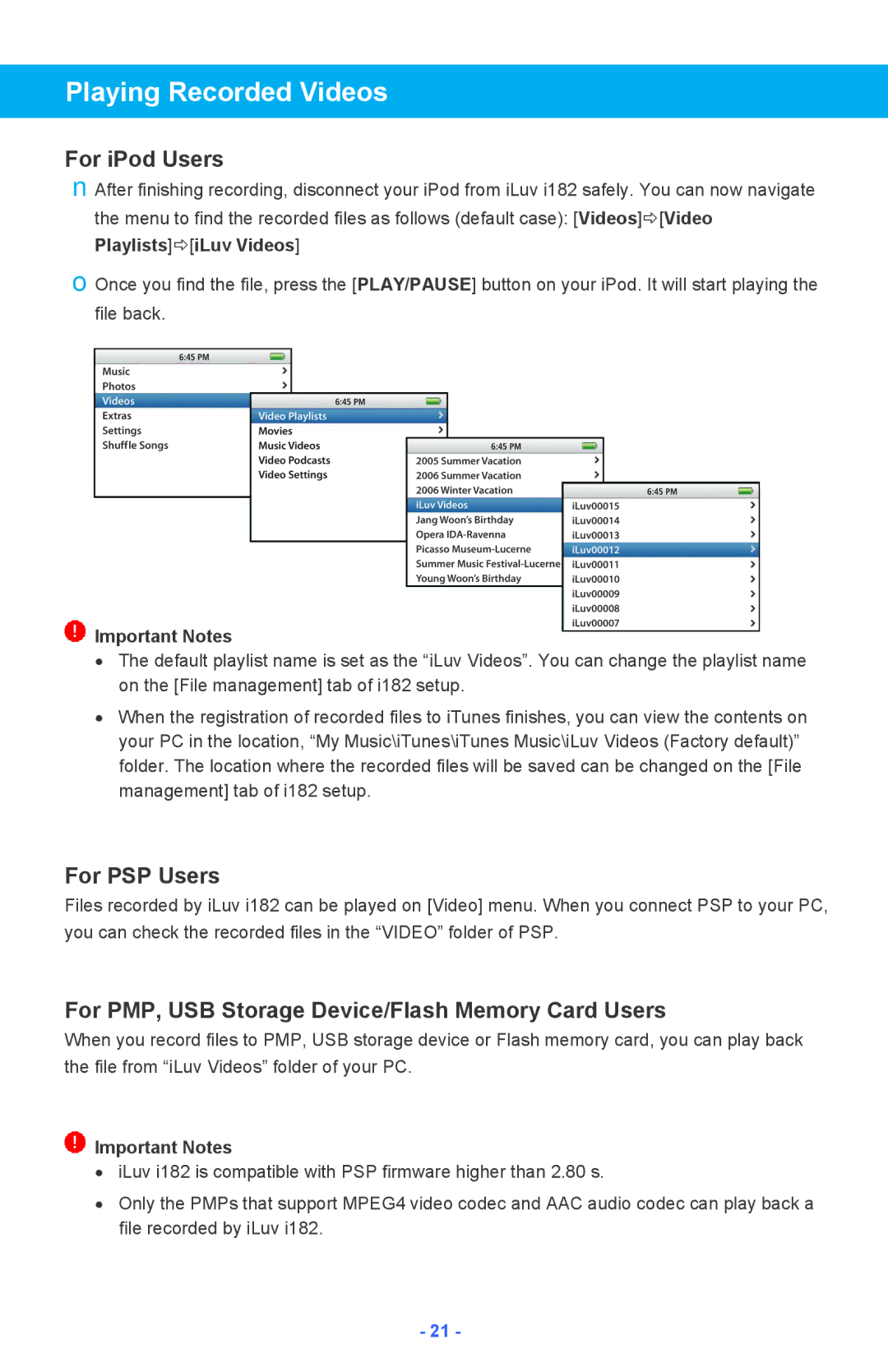 Iluv i182 Playing Recorded Videos, For iPod Users, For PSP Users, For PMP, USB Storage Device/Flash Memory Card Users 