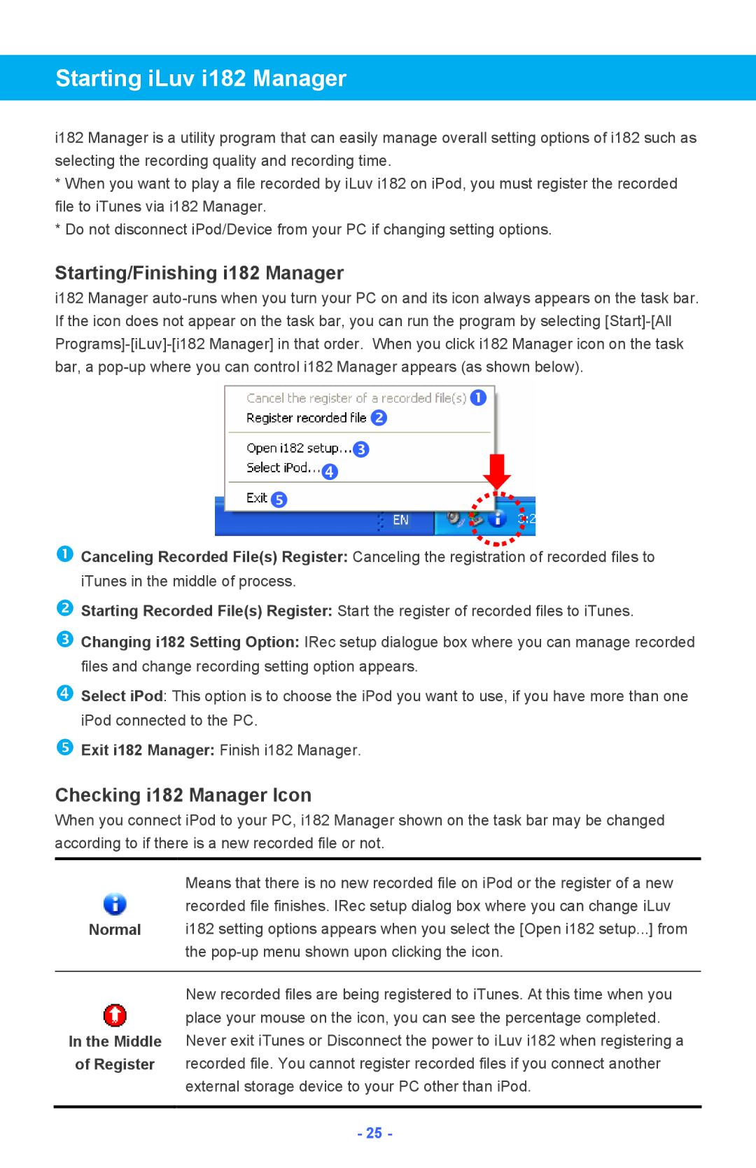 Iluv instruction manual Starting iLuv i182 Manager, Starting/Finishing i182 Manager 