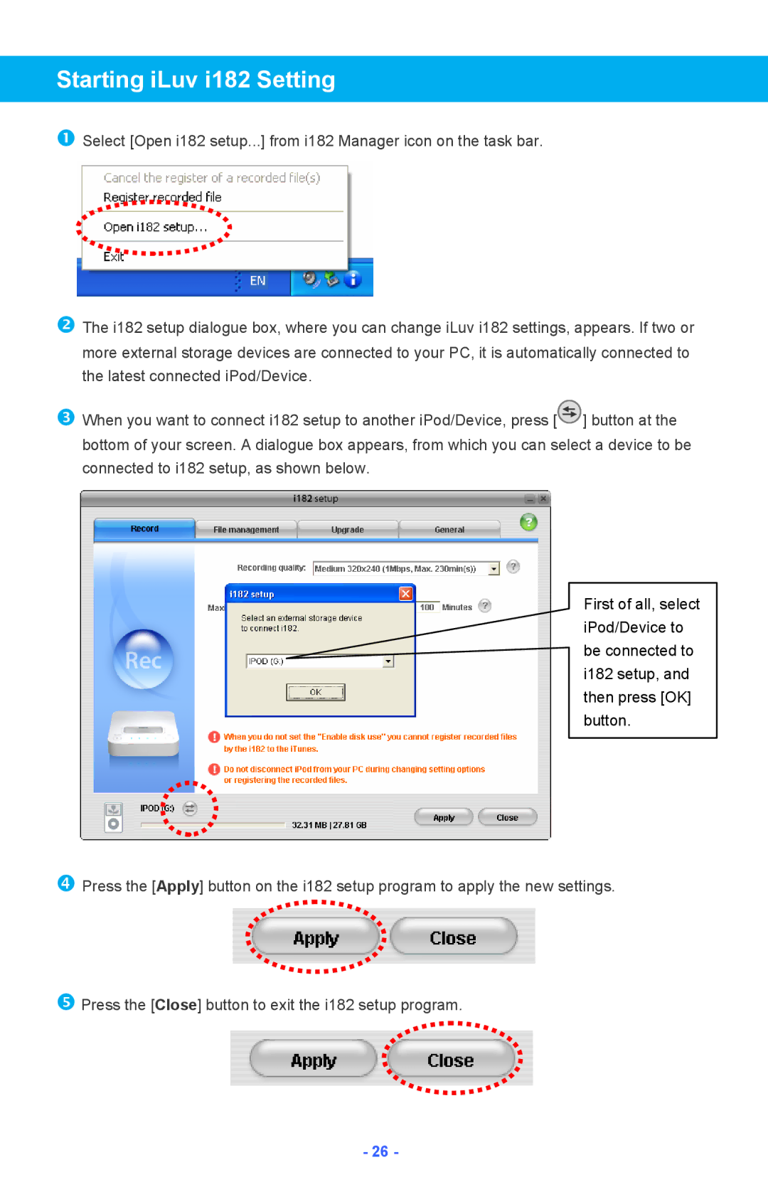 Iluv instruction manual Starting iLuv i182 Setting 