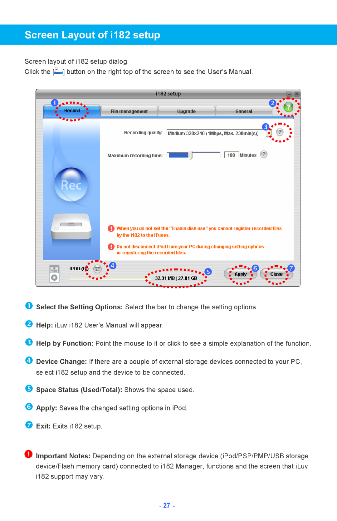 Iluv instruction manual Screen Layout of i182 setup, Space Status Used/Total Shows the space used 