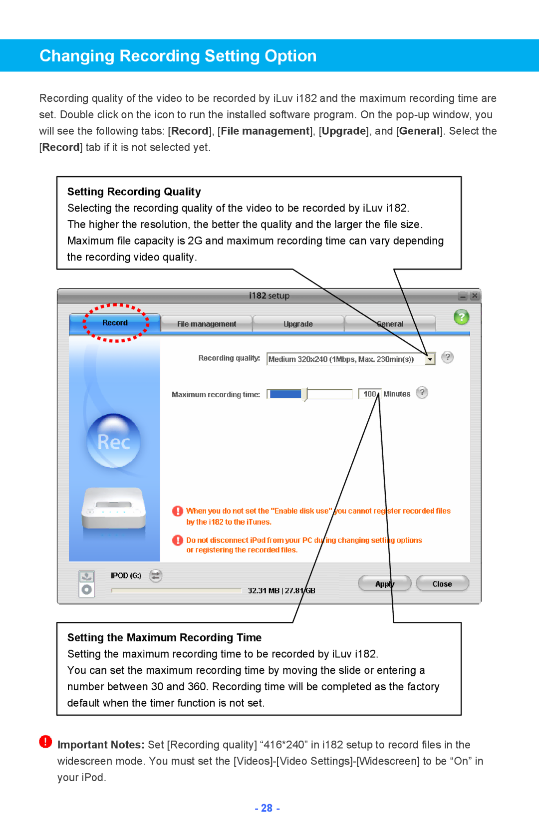 Iluv i182 instruction manual Changing Recording Setting Option, Setting Recording Quality 