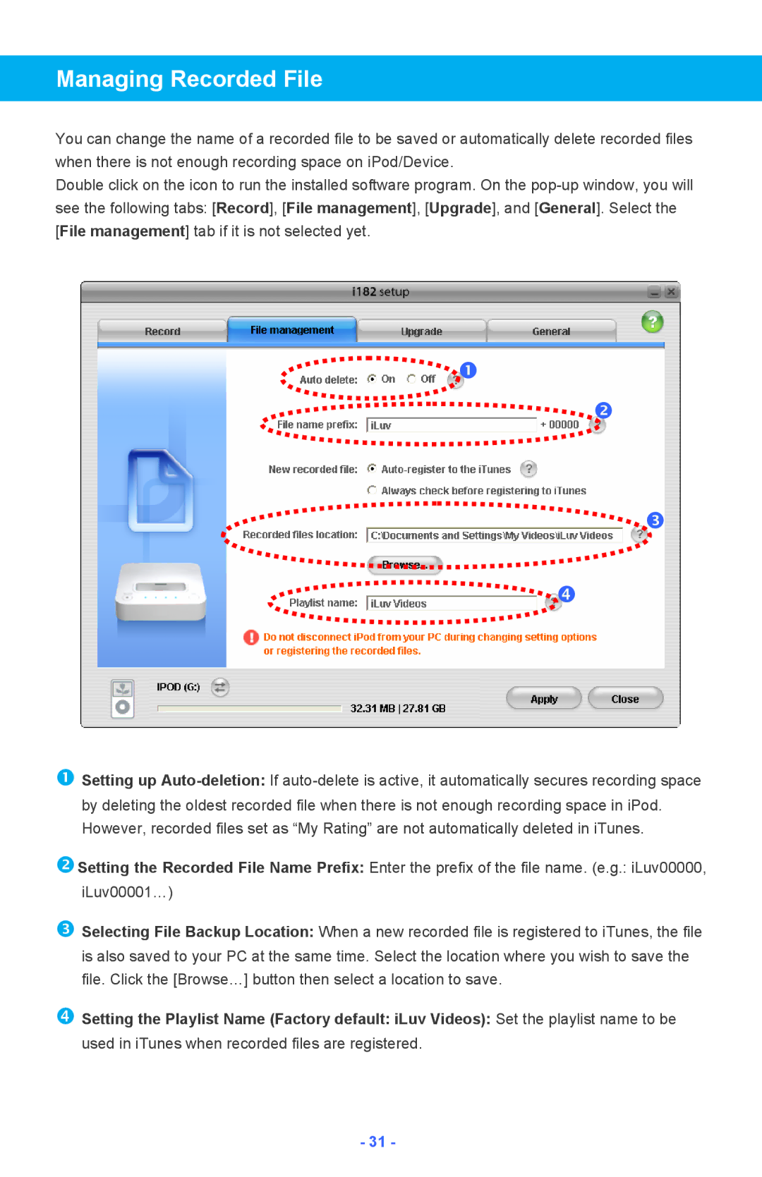 Iluv i182 instruction manual Managing Recorded File 