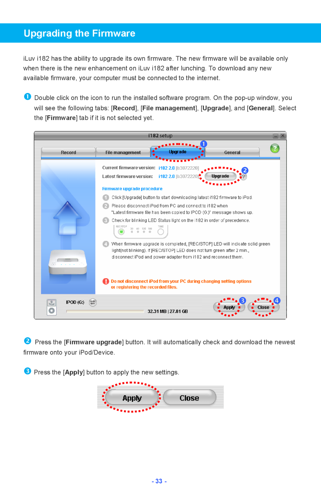 Iluv i182 instruction manual Upgrading the Firmware 