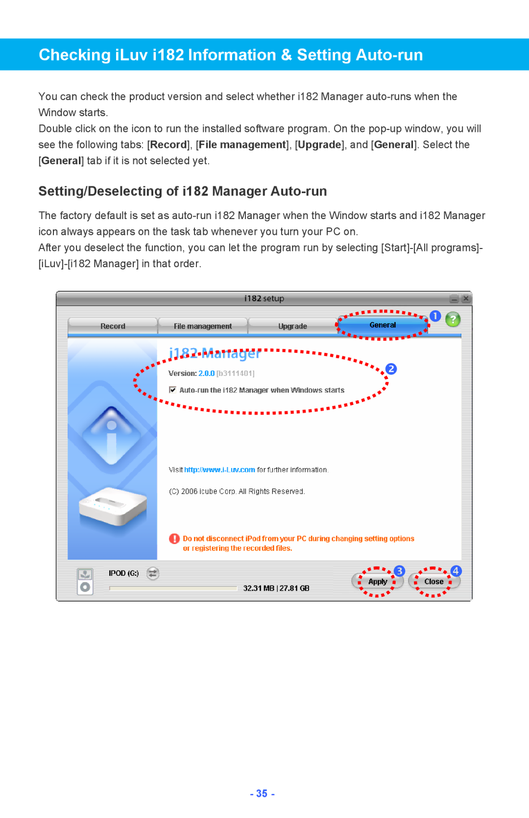 Iluv instruction manual Checking iLuv i182 Information & Setting Auto-run, Setting/Deselecting of i182 Manager Auto-run 