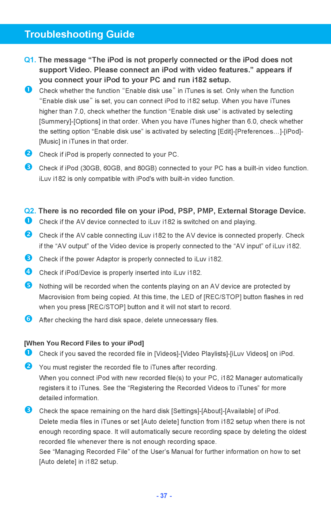 Iluv i182 instruction manual Troubleshooting Guide, When You Record Files to your iPod 