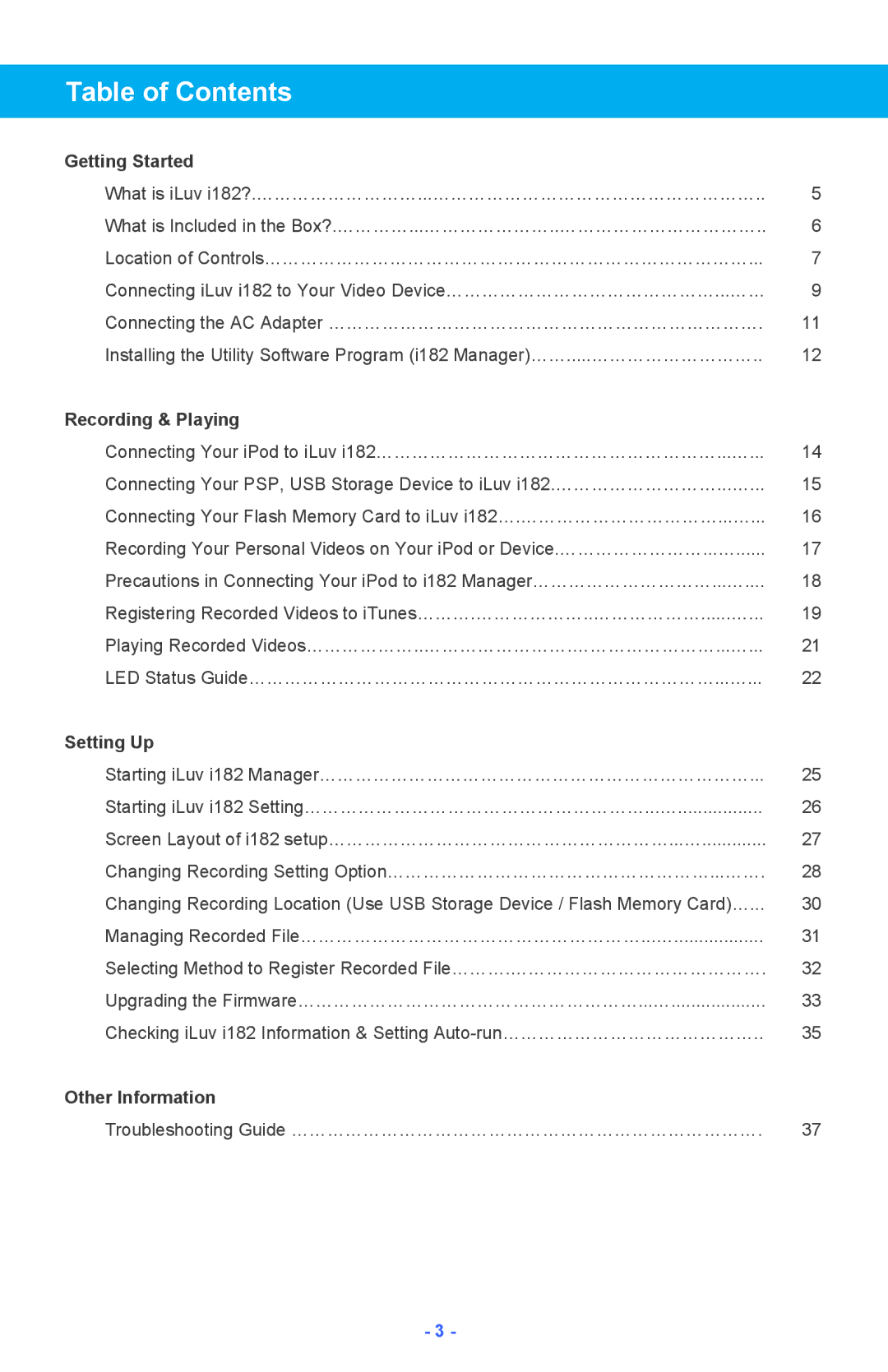 Iluv i182 instruction manual Table of Contents 