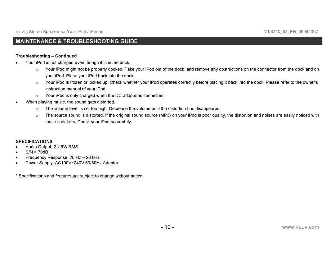 Iluv I189 instruction manual Specifications 