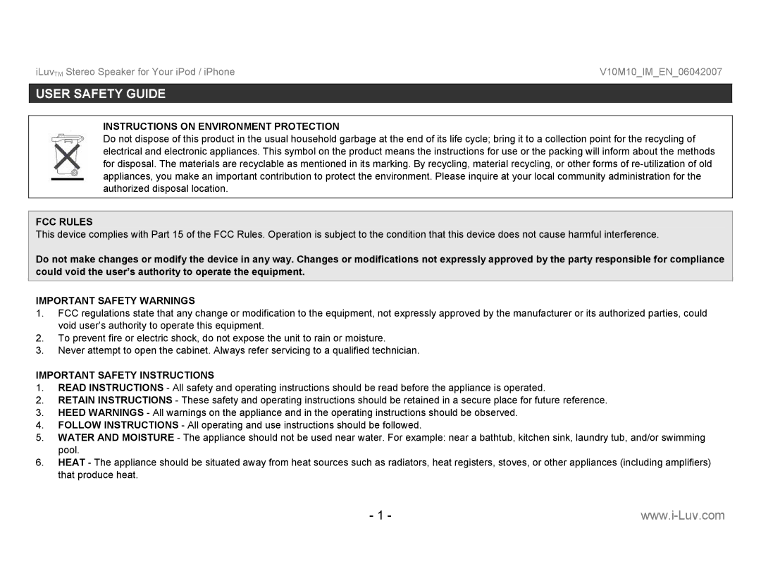 Iluv I189 User Safety Guide, Instructions on Environment Protection, FCC Rules, Important Safety Warnings 