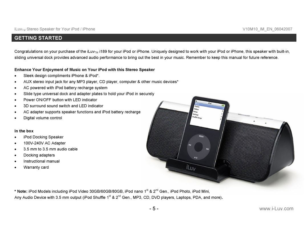 Iluv I189 instruction manual Getting Started, Box 