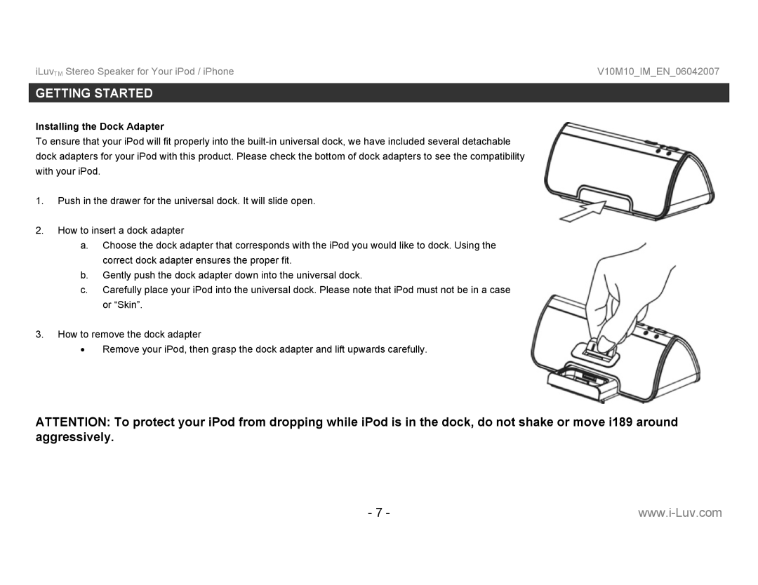 Iluv I189 instruction manual Installing the Dock Adapter 