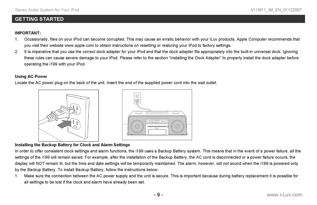 Iluv i199 instruction manual Using AC Power, Installing the Backup Battery for Clock and Alarm Settings 