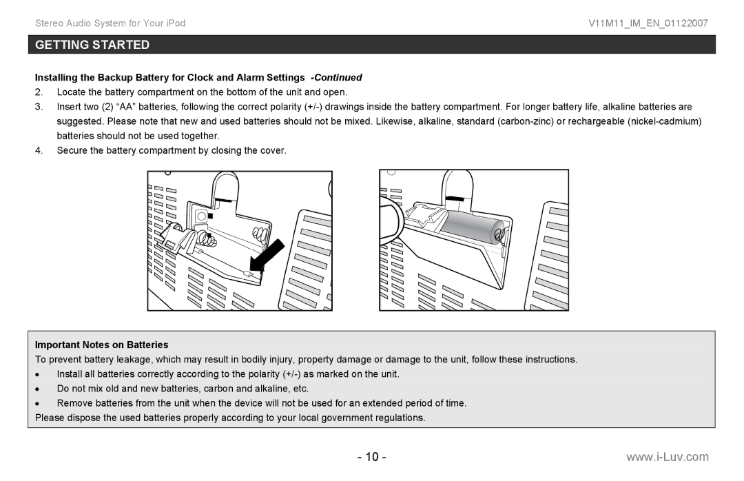 Iluv i199 instruction manual Important Notes on Batteries 