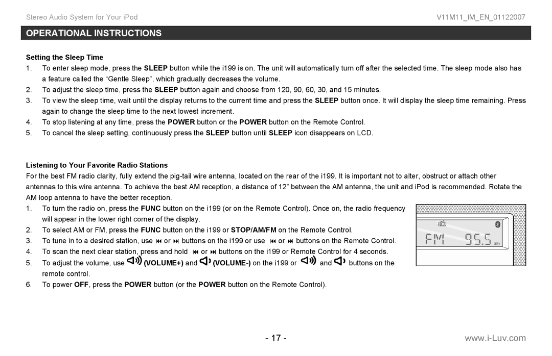 Iluv i199 instruction manual Setting the Sleep Time, Listening to Your Favorite Radio Stations 