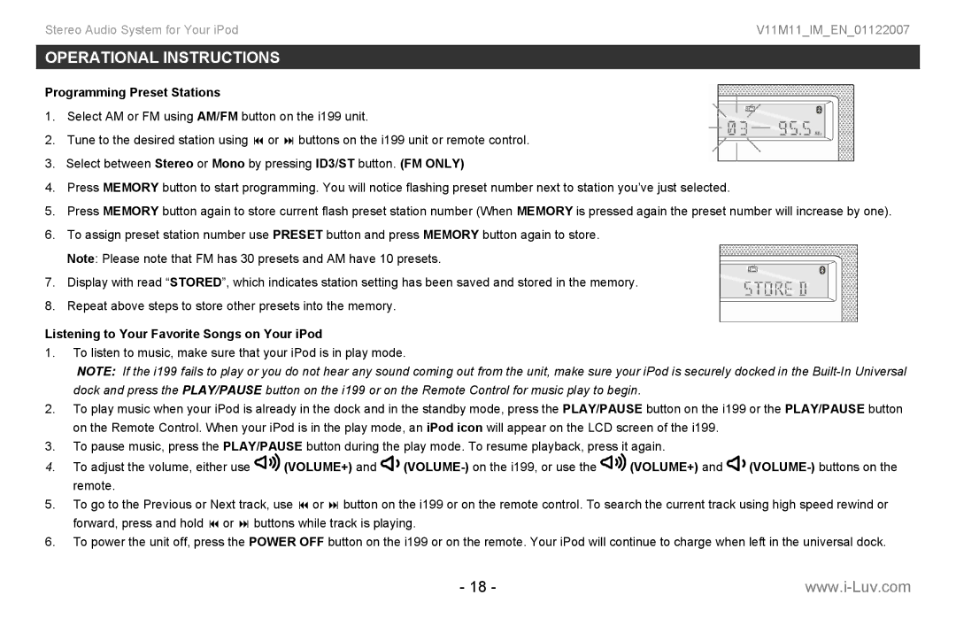 Iluv i199 instruction manual Programming Preset Stations, Listening to Your Favorite Songs on Your iPod 