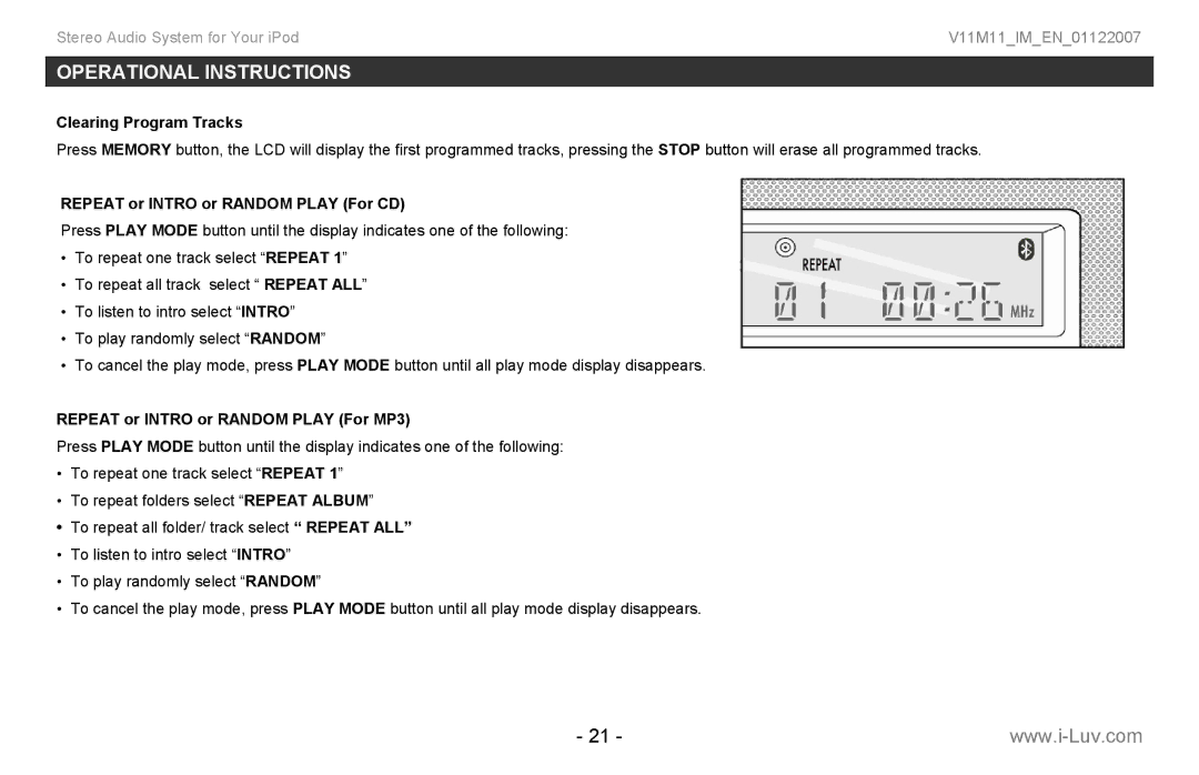 Iluv i199 Clearing Program Tracks, Repeat or Intro or Random Play For CD, Repeat or Intro or Random Play For MP3 