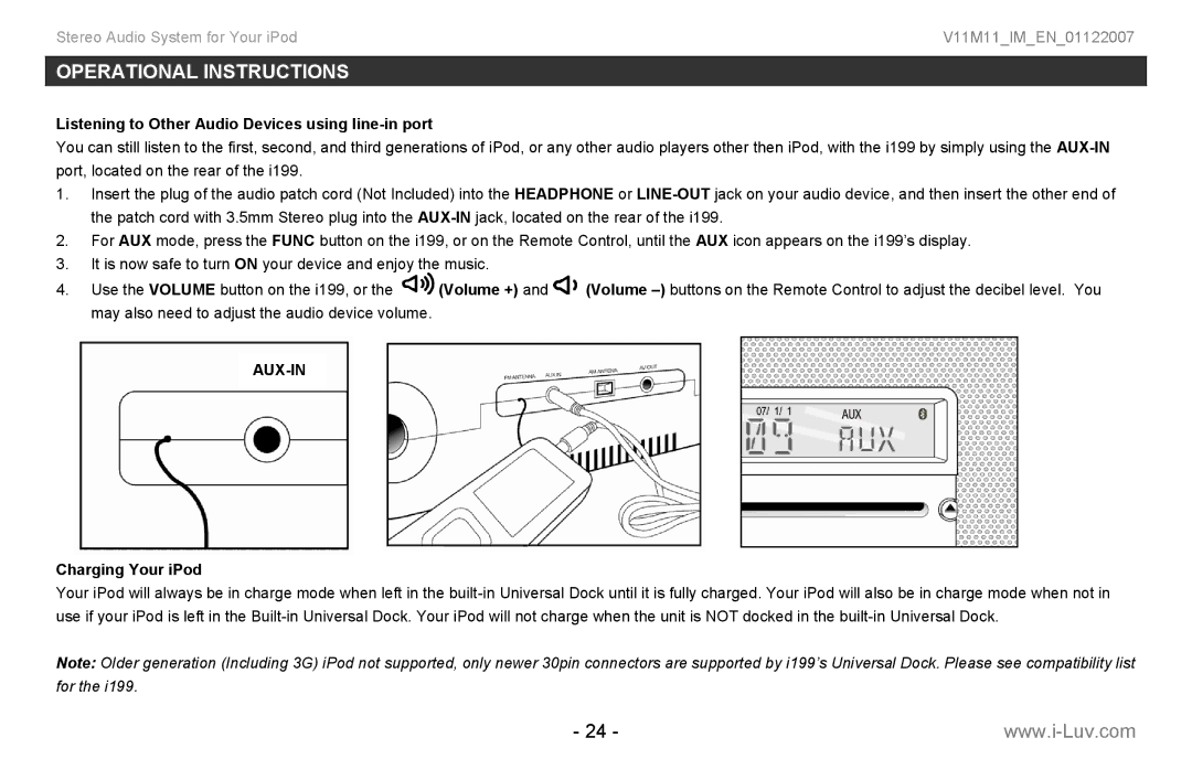 Iluv i199 instruction manual Listening to Other Audio Devices using line-in port, Charging Your iPod 