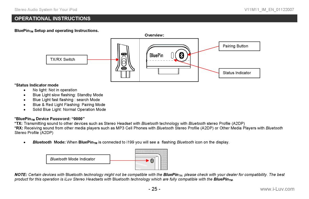 Iluv i199 BluePinTM Setup and operating Instructions Overview, Status Indicator mode, BluePinTM Device Password 