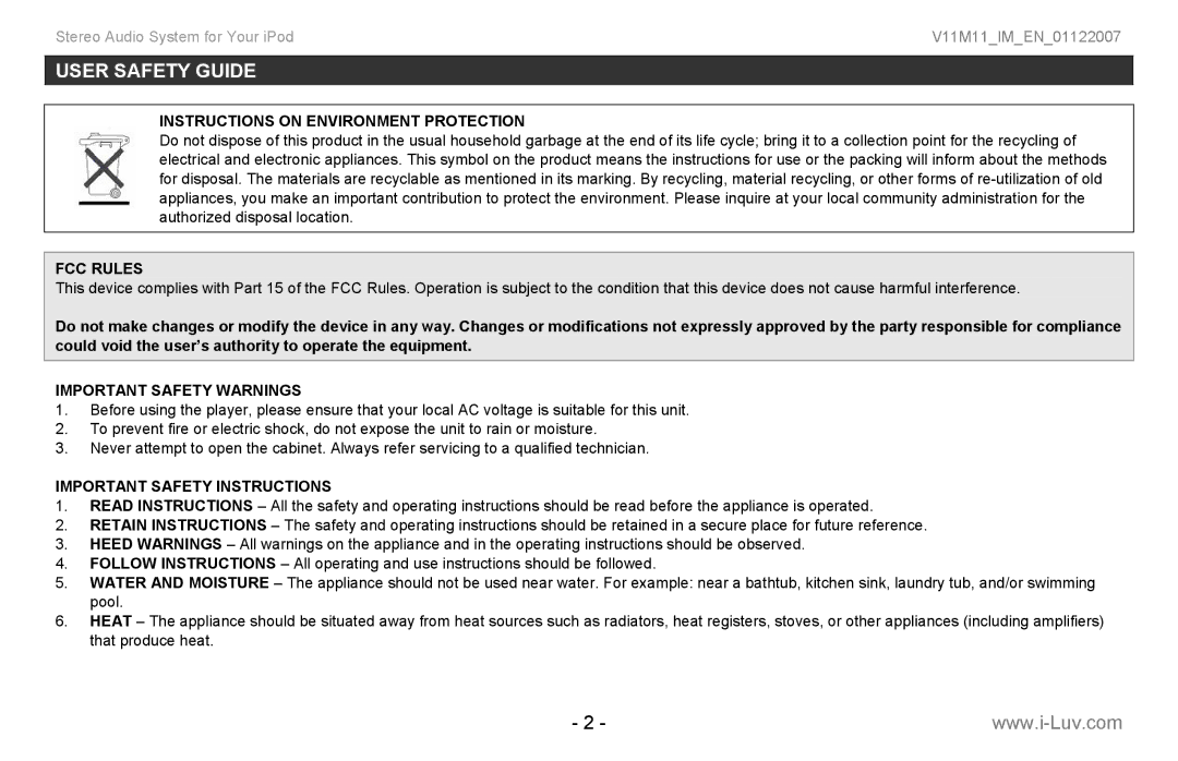 Iluv i199 instruction manual User Safety Guide, Instructions on Environment Protection 