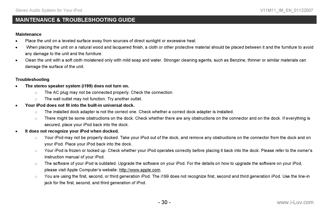 Iluv instruction manual Maintenance & Troubleshooting Guide, Troubleshooting Stereo speaker system i199 does not turn on 