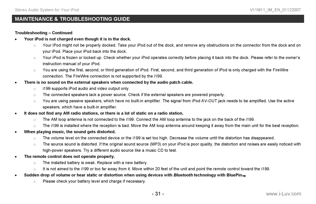 Iluv i199 instruction manual When playing music, the sound gets distorted, Remote control does not operate properly 