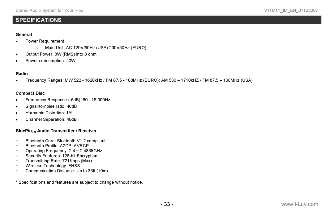 Iluv i199 instruction manual Specifications, General, Radio, Compact Disc, BluePinTM Audio Transmitter / Receiver 