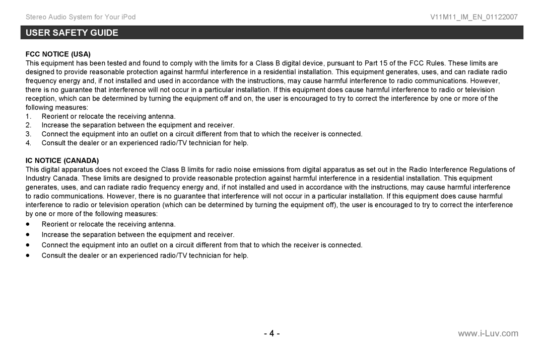 Iluv i199 instruction manual FCC Notice USA 