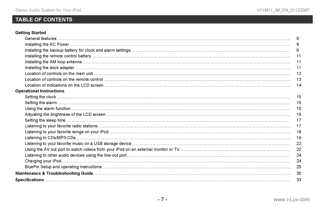 Iluv i199 instruction manual Table of Contents 