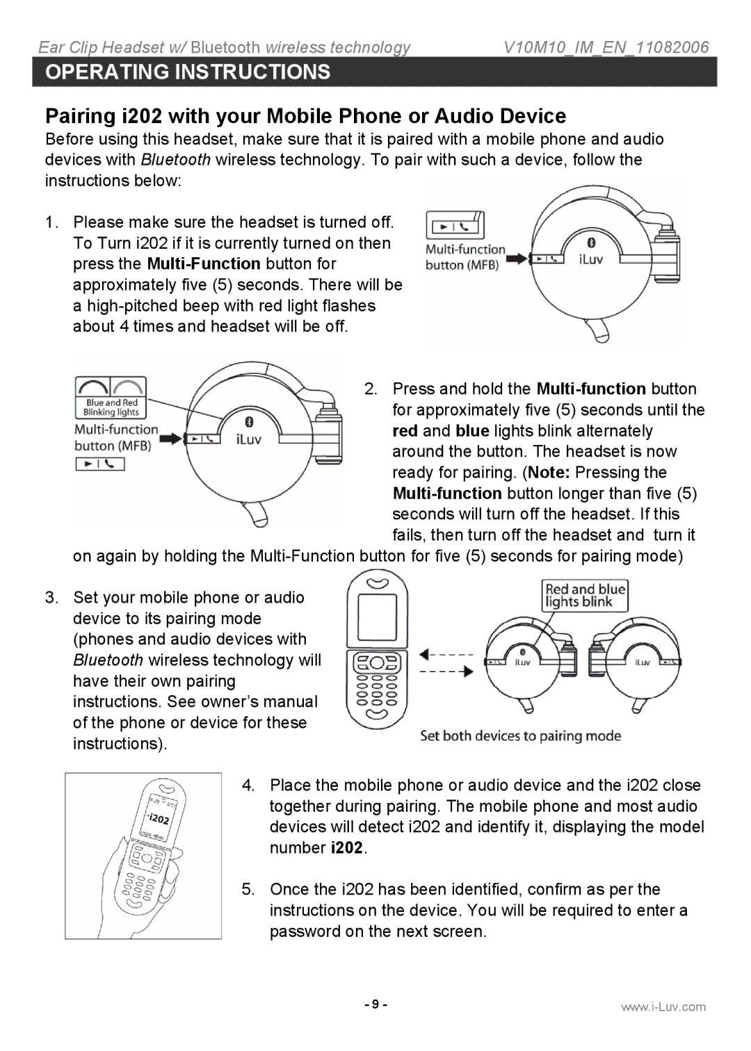 Iluv instruction manual Pairing i202 with your Mobile Phone or Audio Device 