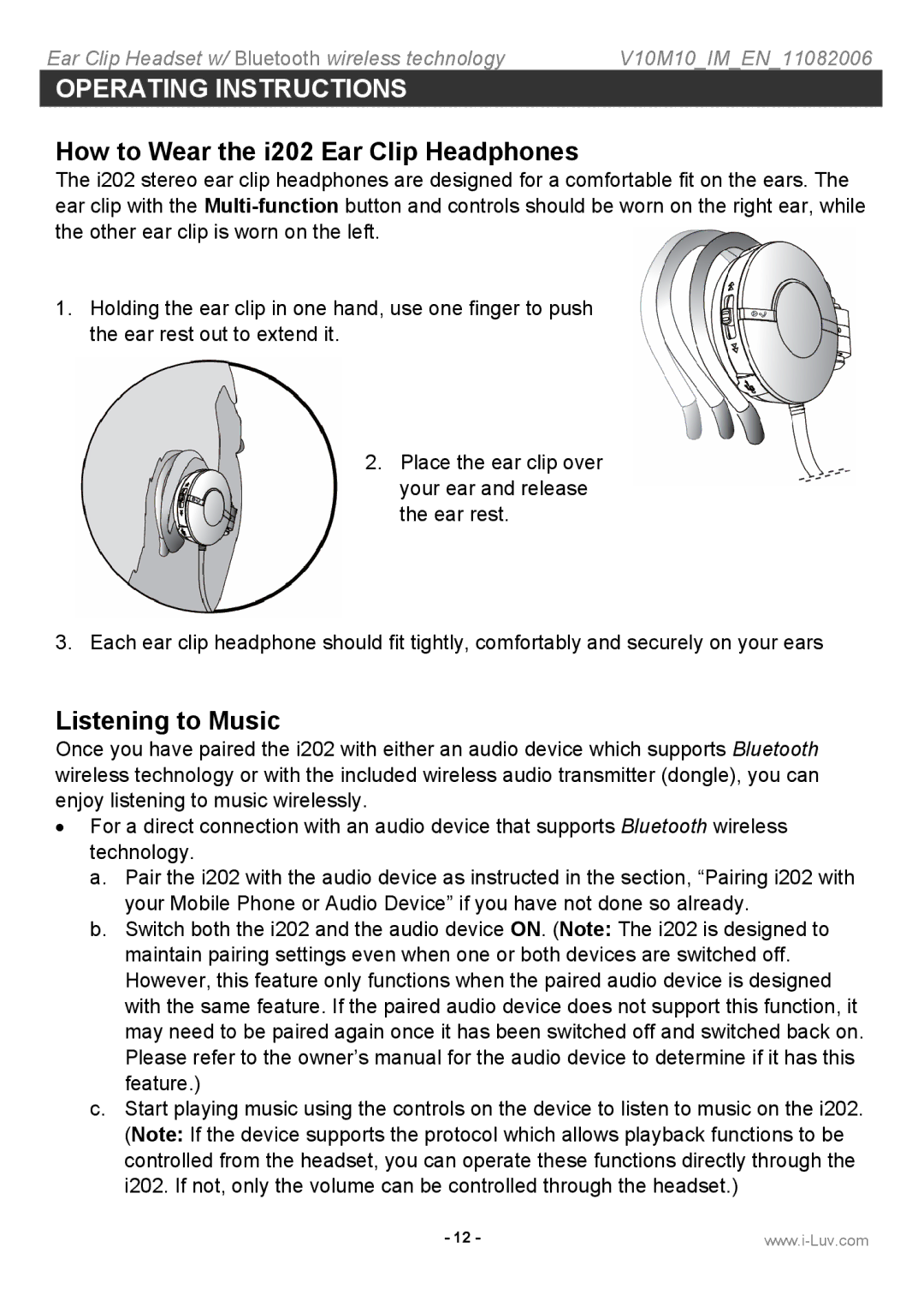 Iluv instruction manual How to Wear the i202 Ear Clip Headphones, Listening to Music 