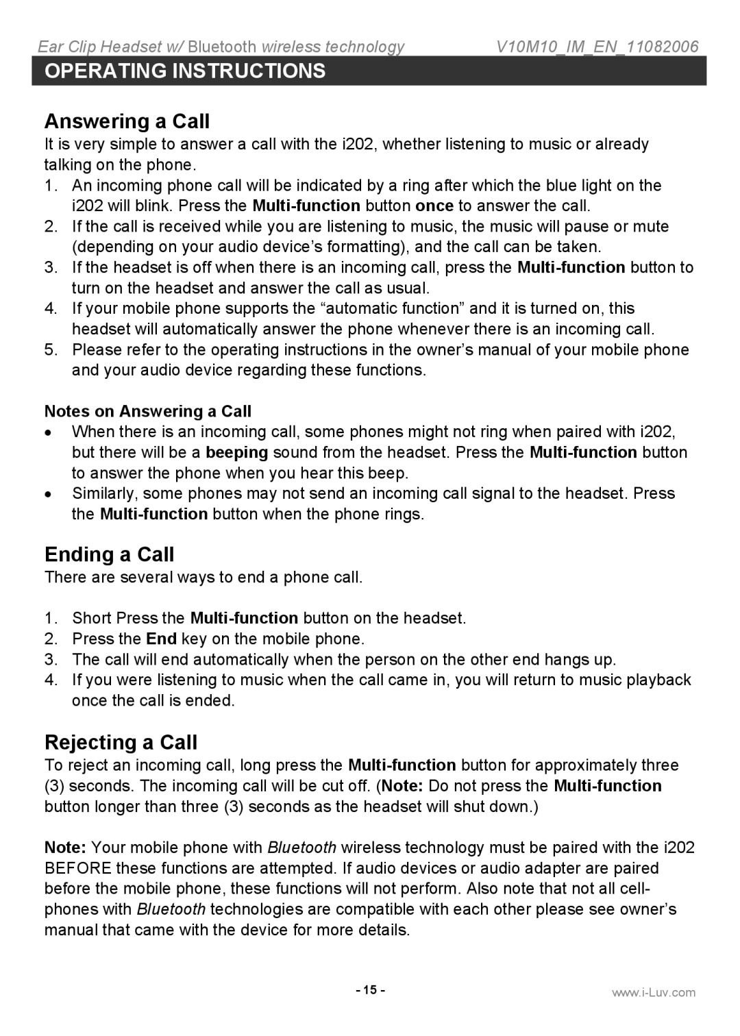 Iluv i202 instruction manual Answering a Call, Ending a Call, Rejecting a Call 