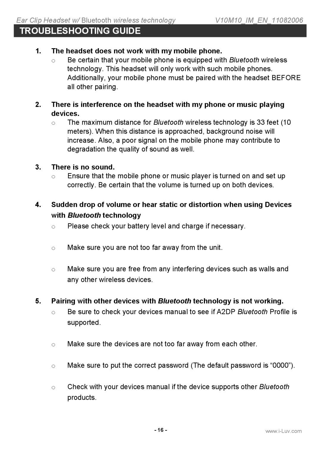 Iluv i202 instruction manual Troubleshooting Guide, Headset does not work with my mobile phone, There is no sound 