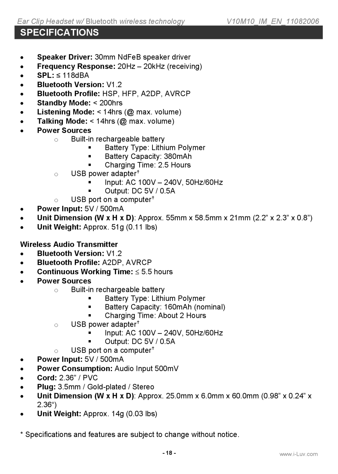 Iluv i202 instruction manual Specifications 