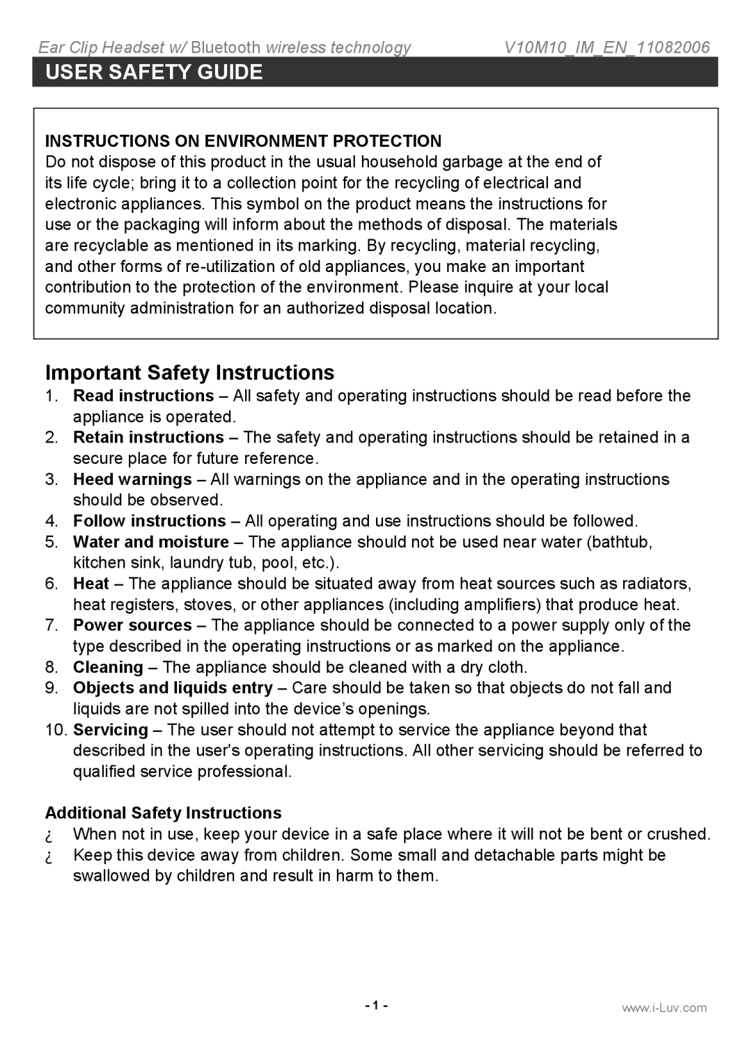 Iluv i202 instruction manual User Safety Guide, Important Safety Instructions, Additional Safety Instructions 